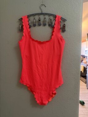 aerie Neon Coral Scalloped One-Piece Swimsuit
